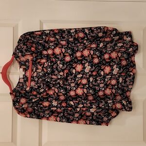 Loft Outlet Black Print Blouse. 3/4 Sleeve, Pullover, Ruffle V Neck, Medium